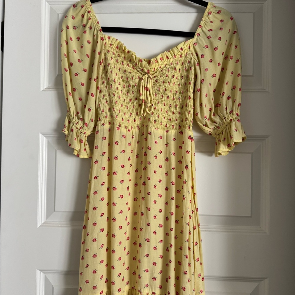 Faithfull the Brand Yellow Dress with Red Floral Pattern